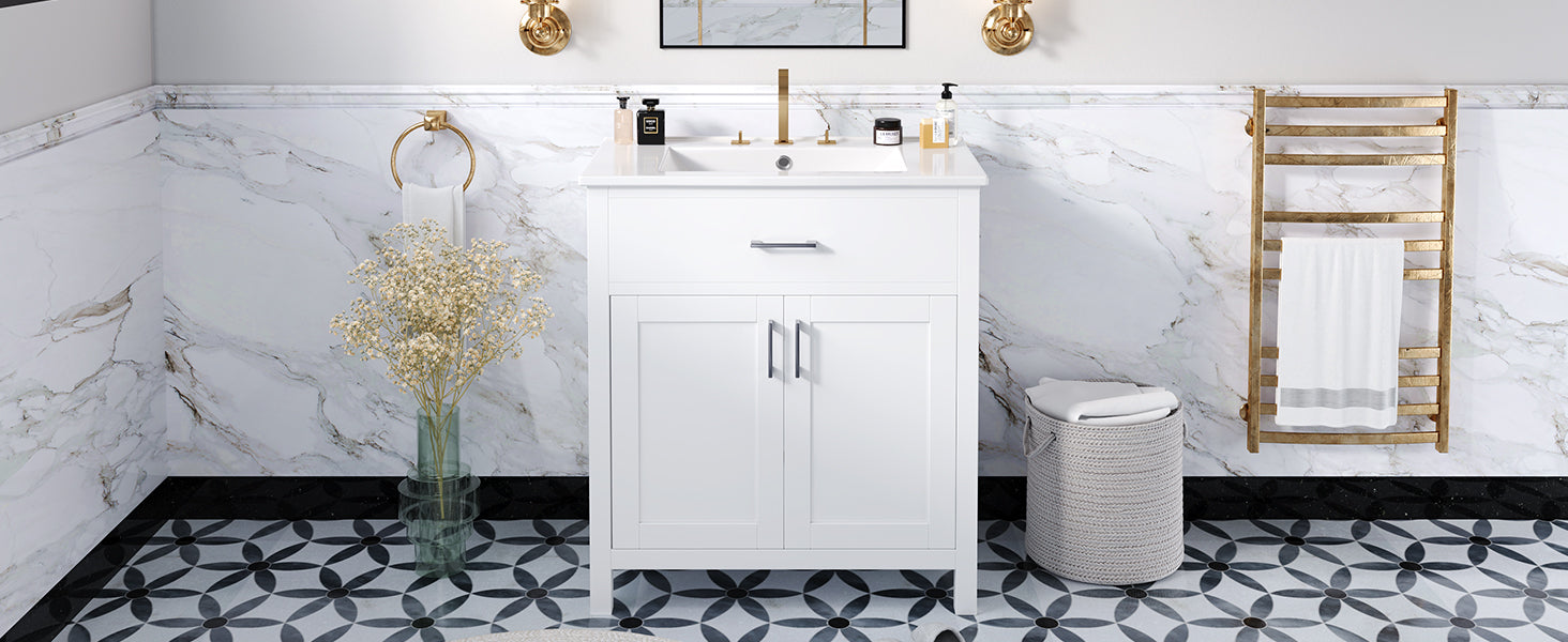 30 Inch Bathroom Vanity With Ceramic Sink And Large Storage The Perfect Choice For Small Bathrooms White Bathroom Solid Wood Mdf