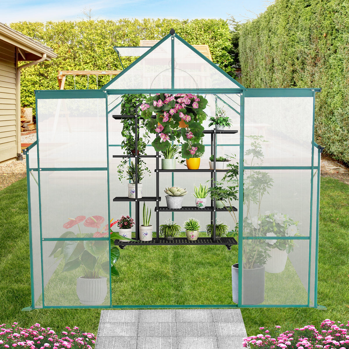 8X6Ft Green Double Door Polycarbonate Greenhouse Raised Base And Anchor Aluminum Heavy Duty Walk In Greenhouses For Outdoor Backyard In All Season Green Aluminum