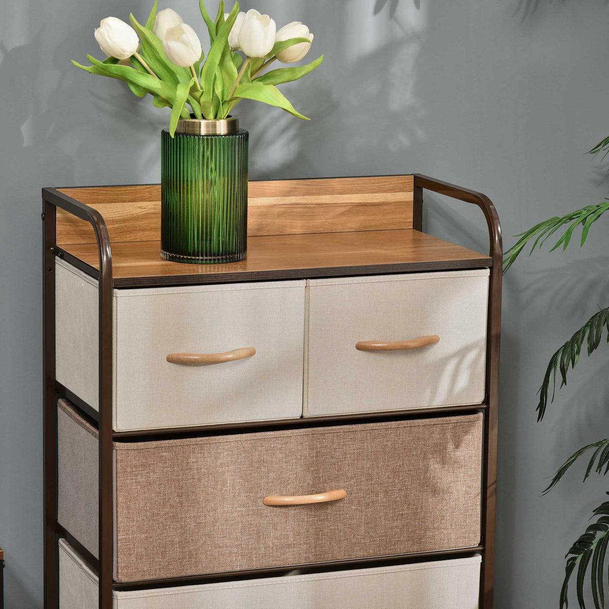 Homcom 5 Drawer Dresser, Fabric Drawers, 4 Tier Storage Organizer For Bedroom Entryway, Tower Unit With Steel Frame Wooden Top, Maple Wood Brown Mdf