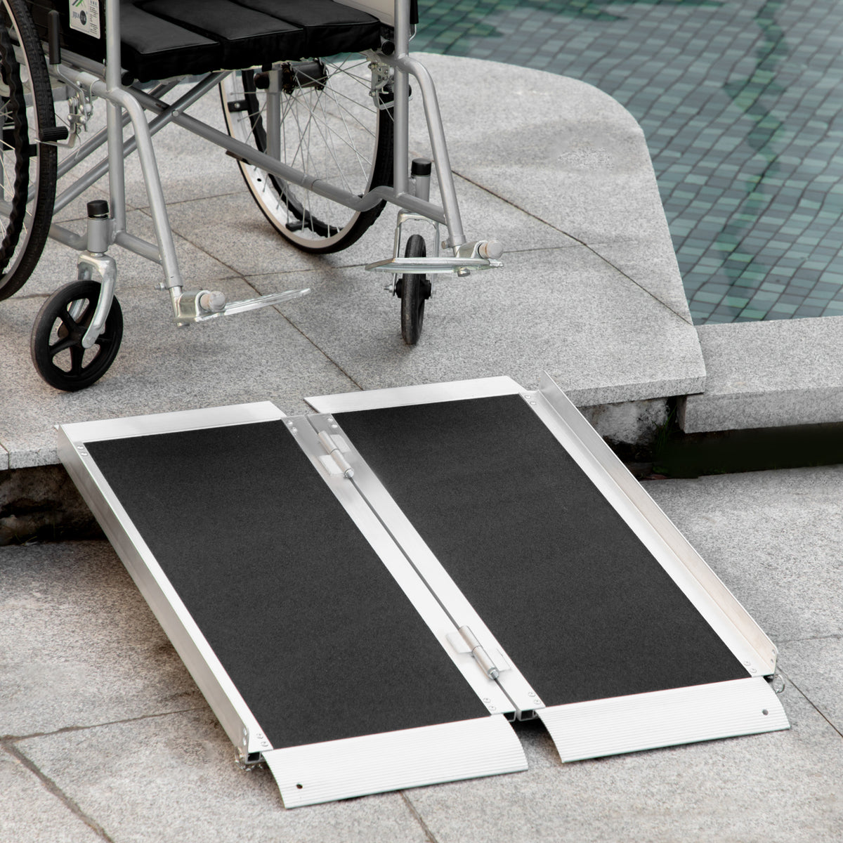 Homcom Wheelchair Ramp 3Ft, Folding Aluminum Threshold Ramp With Non Slip Surface, Transition Plates Above And Below, 600Lbs Weight Capacity For Home, Doorways, Curbs, Steps Black Aluminum