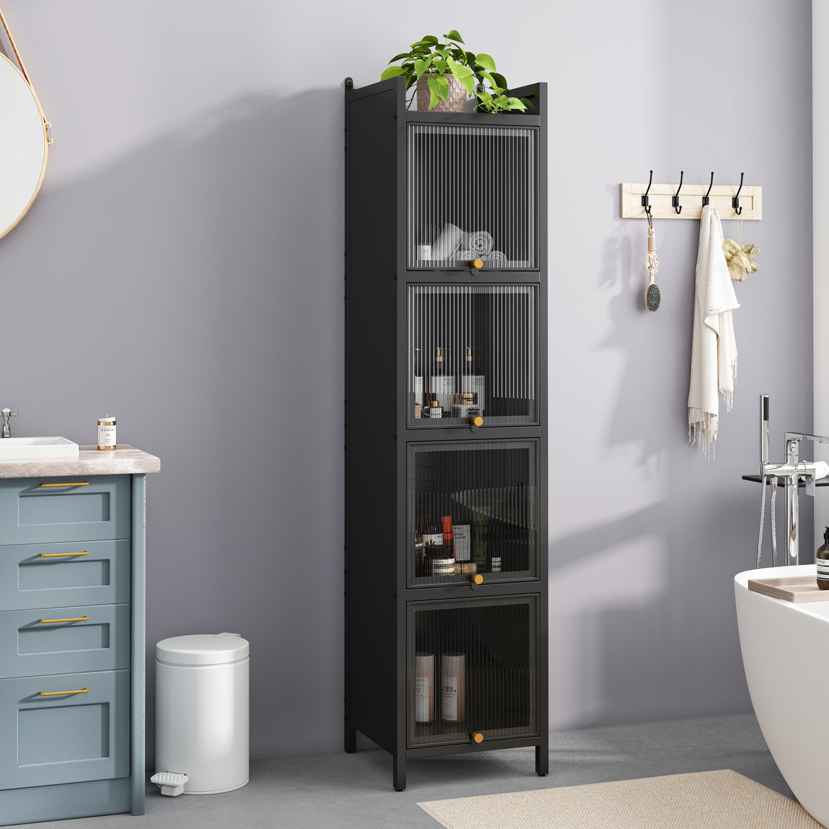 Modern Four Tier Glass Door Cabinet With Featuring Five Tier Storage, For Entryway Living Room Bathroom Dining Room,Black Black Glass,Iron
