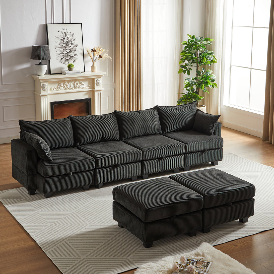 113.5'' Modular Sectiona Corduroy Sofa, Sectional Couches For Living Room U Shaped Sectional Couch With Storage Ottoman, 6 Seats Convertible Sectionals With Chaise Black Corduroy 6 Seat