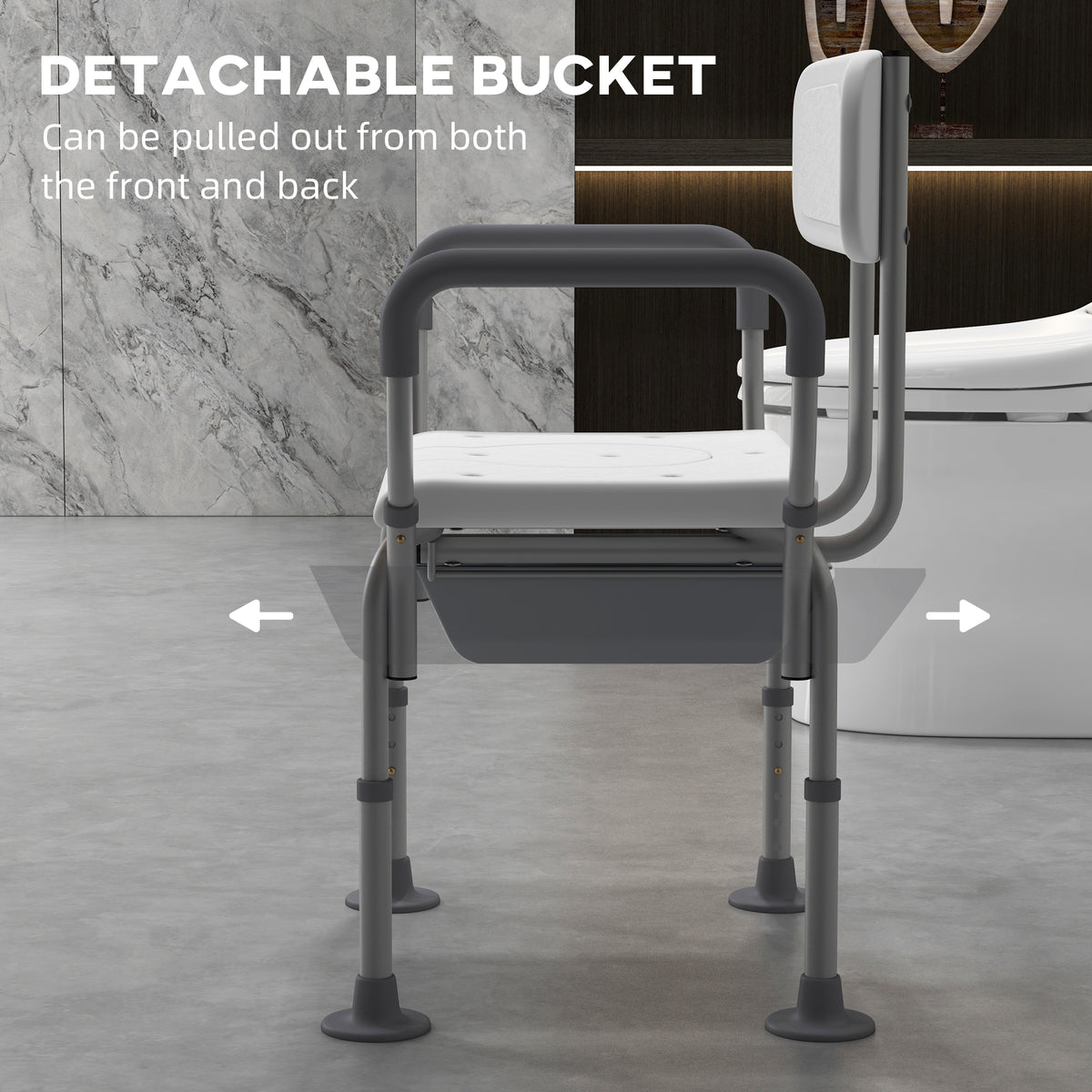 Homcom 3 In 1 Shower Chair With Back And Arms, Height Adjustable Bedside Commode, Raised Toilet Seat With Non Slip Rubber Foot Pad For Seniors, Disabled, White White Aluminum