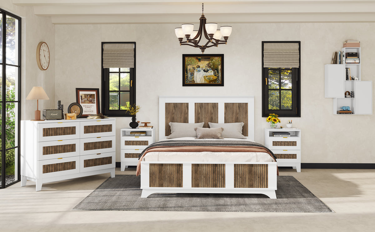 Farmhouse Wooden Platform Queen Size Bed, Modern Platform Bed With Wooden Strip Decoration, Plywood Slats Support, White Queen White Particle Board