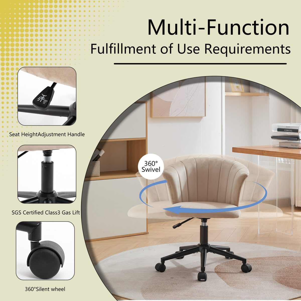 Home Office Chair, Velvet Fabric Swivel Flower Shape Computer Desk Chair For Home Office Or Bedroom Camel Foam Polyester Blend