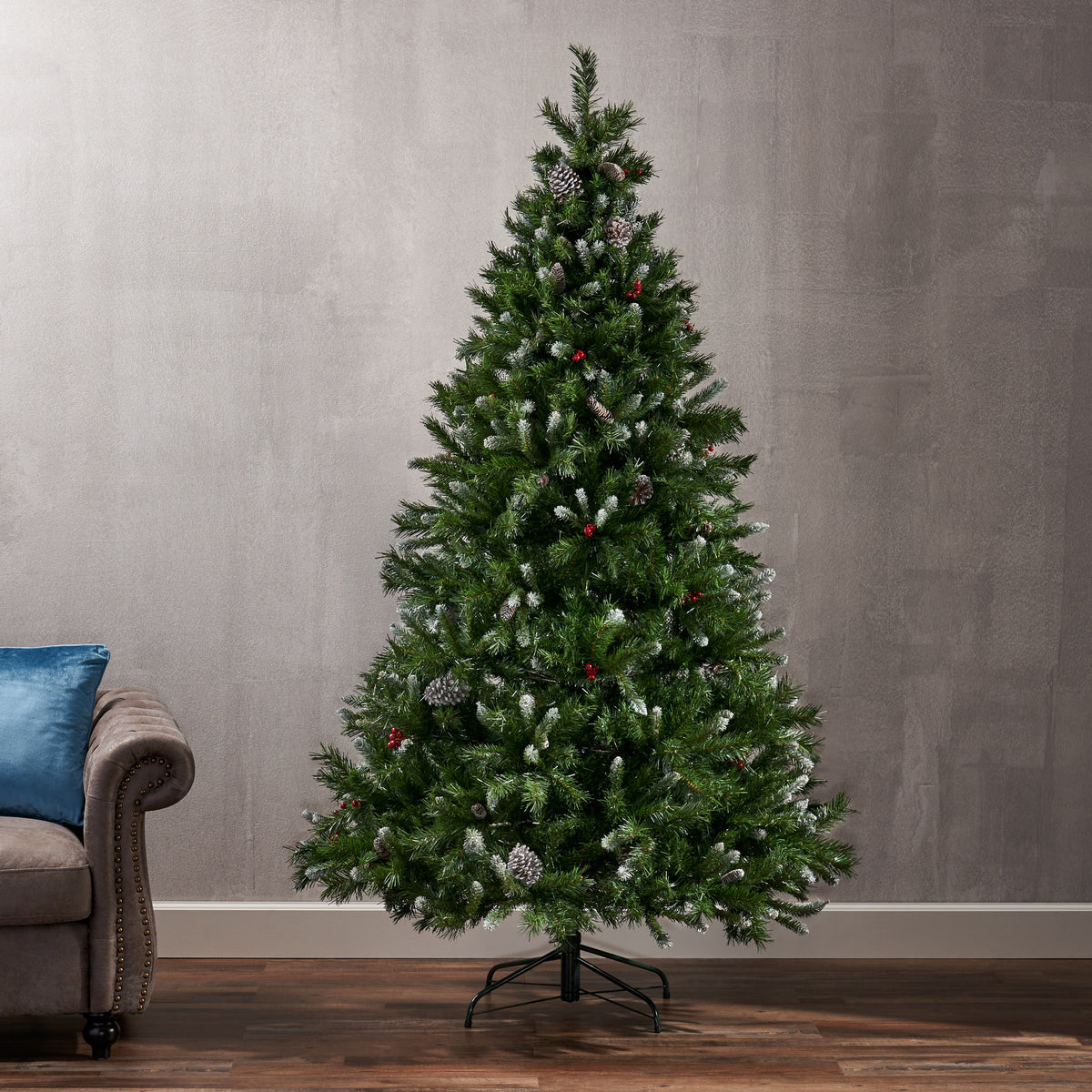 7' Mixed Frosted Hinged Tree With 52 Frosted Pine Cones And 26 Red Berry And Dia:53",1219 Tips Green Pvc