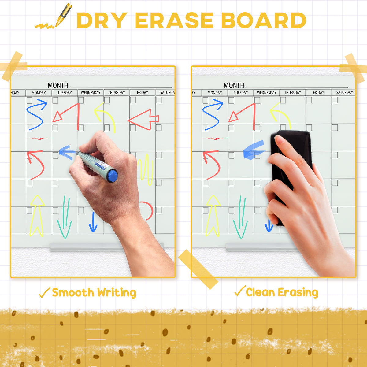Vinsetto 35"X23" Dry Erase Wall Calendar Glass Whiteboard Monthly Planner For Homeschool Supplies & Home Office Organization With 4 Markers And 1 Eraser,Frameless White Glass