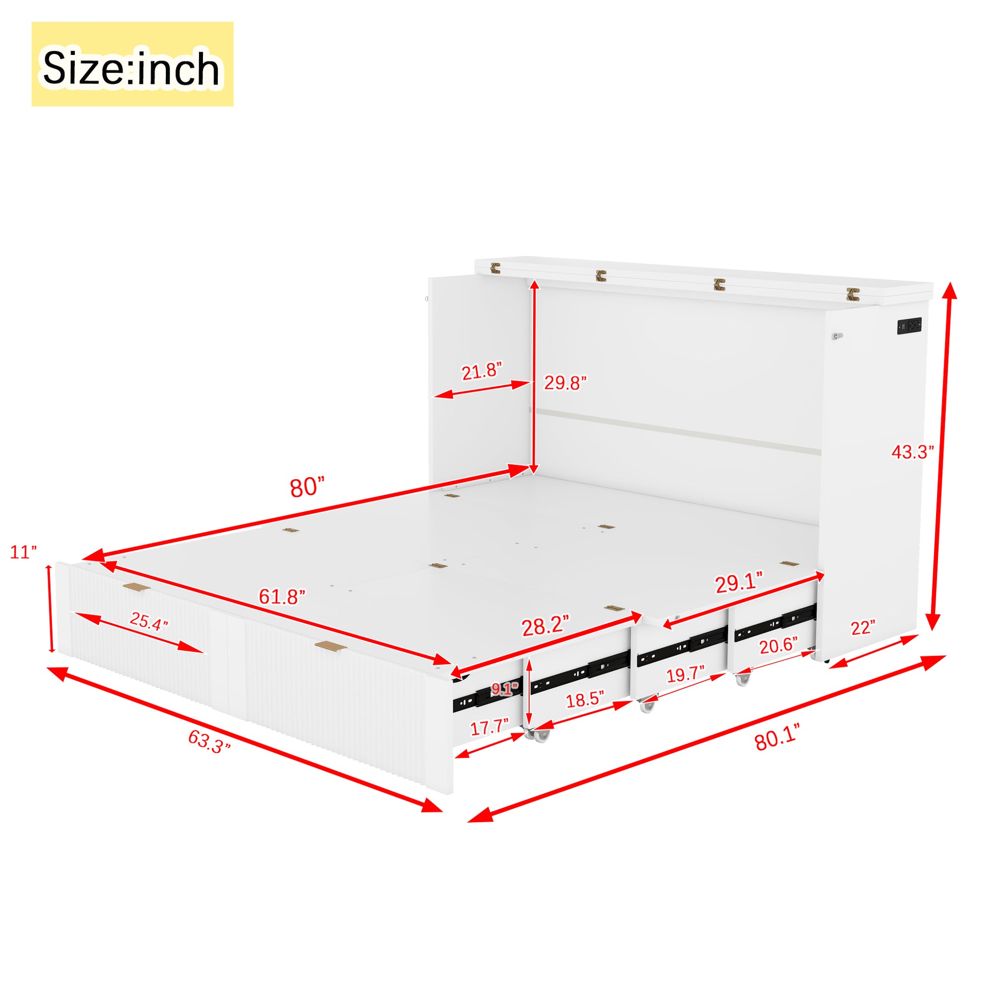 Queen Size Murphy Bed With Drawer And A Set Of Sockets & Usb Ports, Pulley Structure Design, White Queen White Plywood