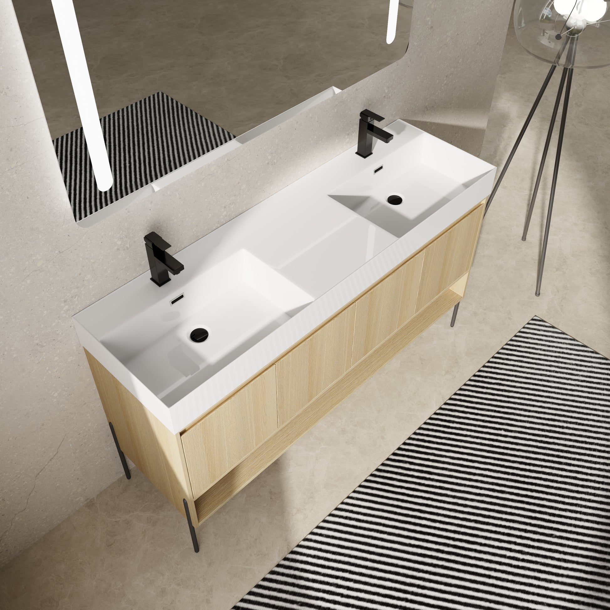 60" Bathroom Vanity Combo W Single Ceramic Sink, Modern Storage Cabinet Set 2 Door, Multilayer Solid Wood, Oak Oak Bathroom American Design Engineered Wood
