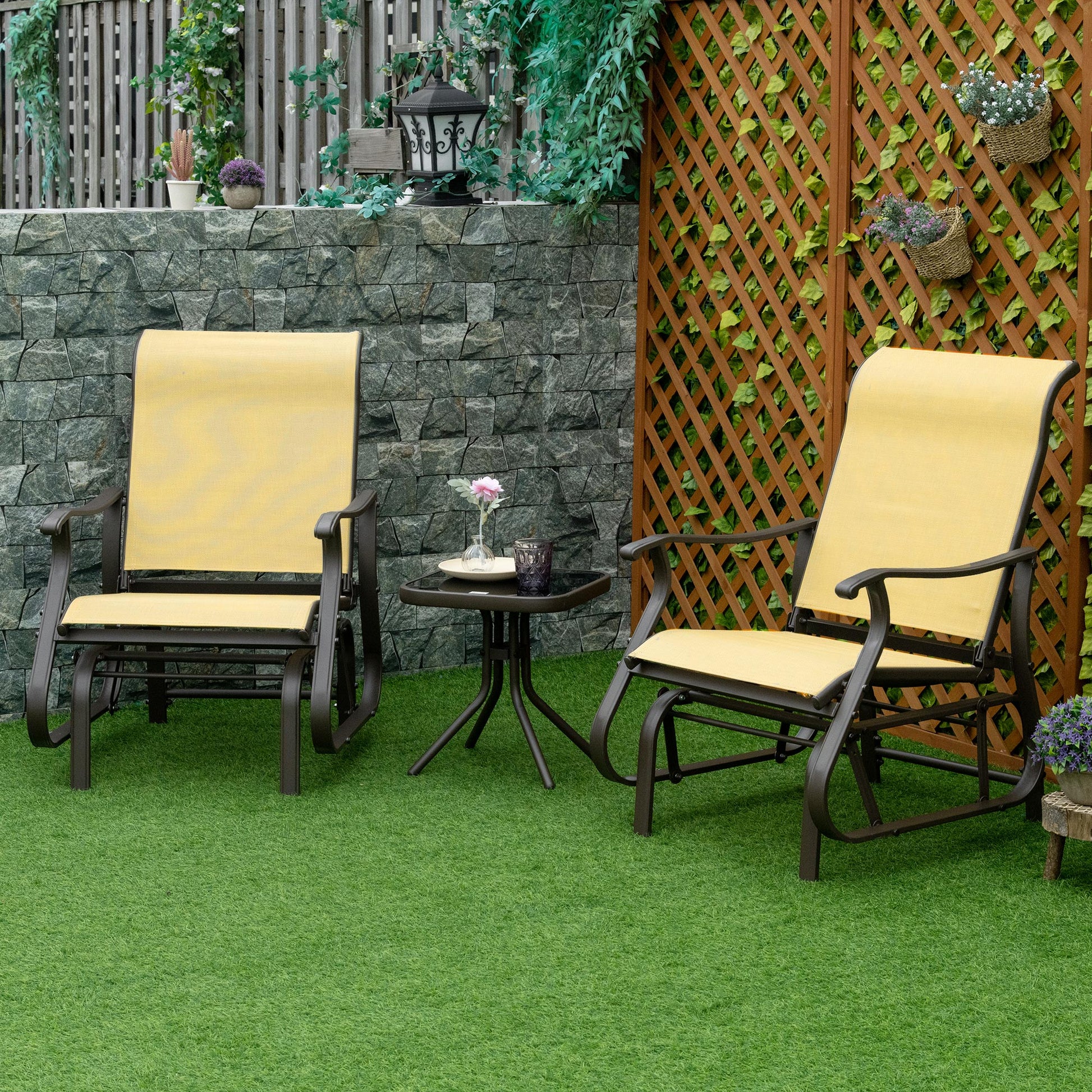 Outsunny 3 Piece Outdoor Gliders Set Bistro Set With Steel Frame, Tempered Glass Top Table For Patio, Garden, Backyard, Lawn, Beige Beige Fabric Metal