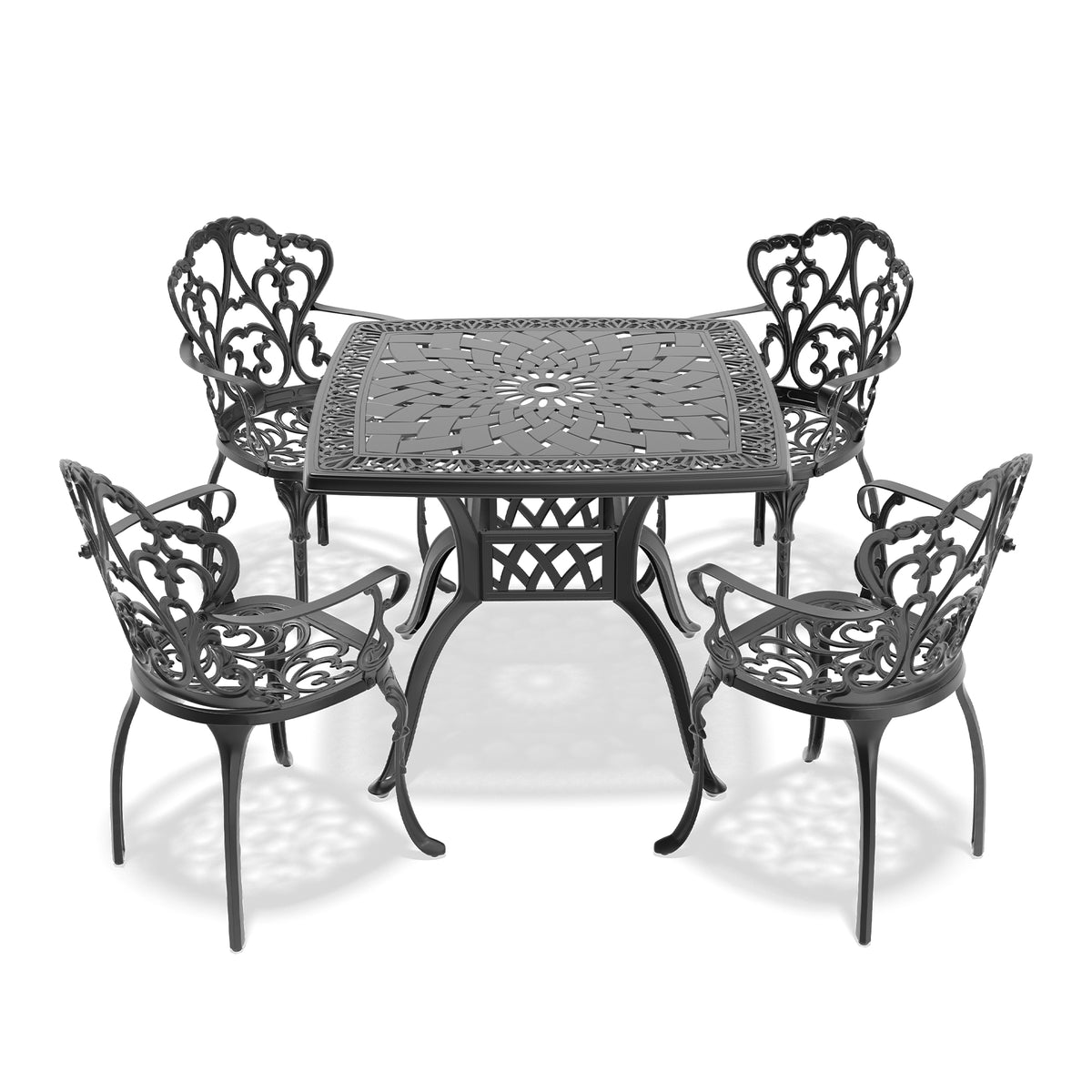 Cushions In Random Colors 5 Piece Set Of Cast Aluminum Patio Furniture With Cushions Yes Dining Set Black Seats 4 Rust Resistant Frame Water Resistant Cushion Garden & Outdoor Complete Patio Sets Aluminium