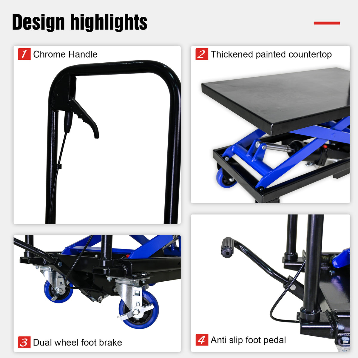 Hydraulic Lift Trolley, 500 Lbs Capacity, With 4 Wheels, For Material Handling And Transportation, Black Blue Black Blue Steel