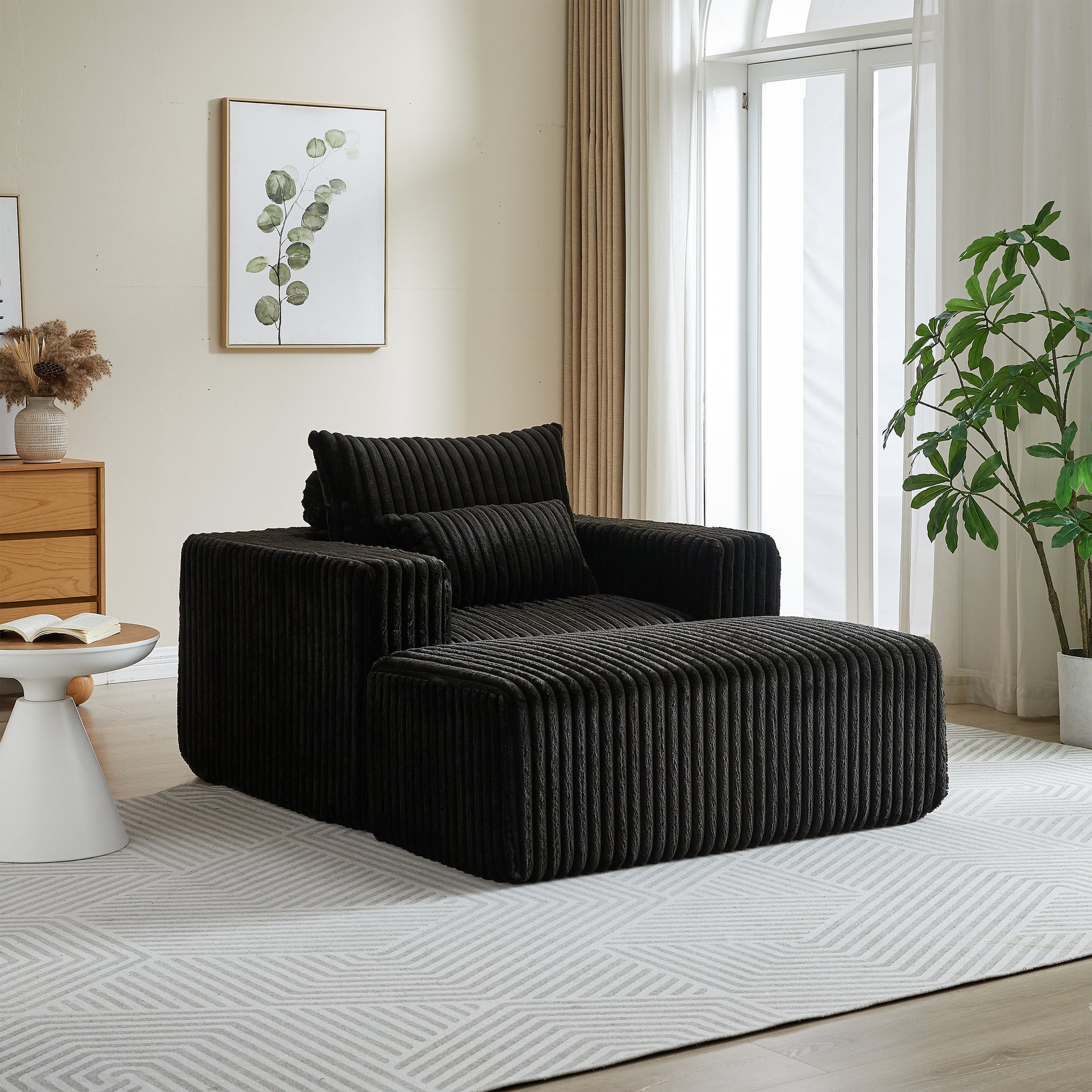 62.5 Inch Corduroy Sponge Sofa Lounge Chair With Removable Footrest,No Assembly Required,Fluffy Modern Sleeper Chair For Indoor Living Room Bedroom Black Foam Corduroy 1 Seat