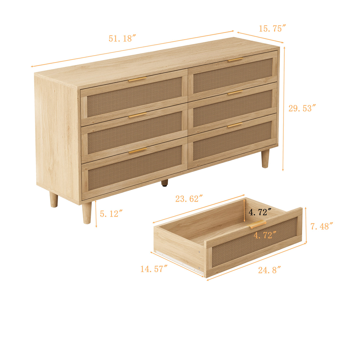 51.18"6 Drawers Rattan Storage Cabinet Rattan Drawer With White Drawer Slides,For Bedroom,Living Room,Natural Natural Primary Living Space Particle Board