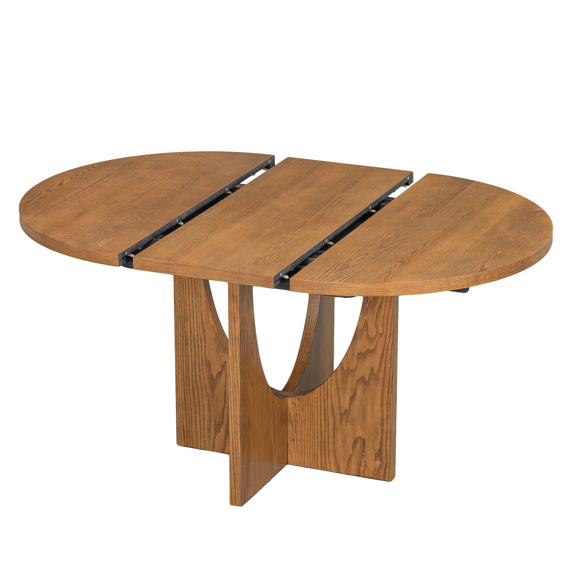 Modern 5 Piece Extendable Round Dining Table Set With 16.2Inch Removable Leaf For Small Places, Walnut Beige Wood Dining Room Solid Wood Rubberwood Round Dining Table With Chair Upholstered Chair Wood Walnut Seats 4 Removable Leaf Contemporary Round