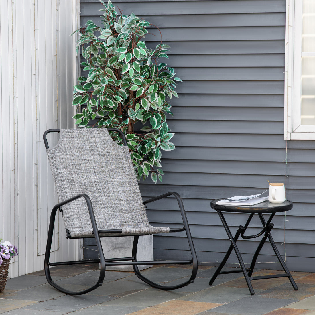 Outsunny Garden Rocking Chair, Outdoor Indoor Sling Fabric Rocker For Patio, Balcony, Porch, Grey Gray Steel