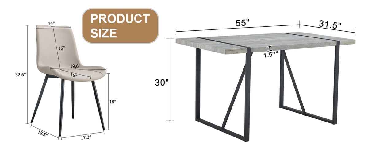 Table And Chair Set. Modern Minimalist Grey Marble Textured Mdf Dining Table With Metal Frame. Comes With Chairs With 4 Pu Cushions And Black Metal Legs. Gray Seats 4 Mdf Metal