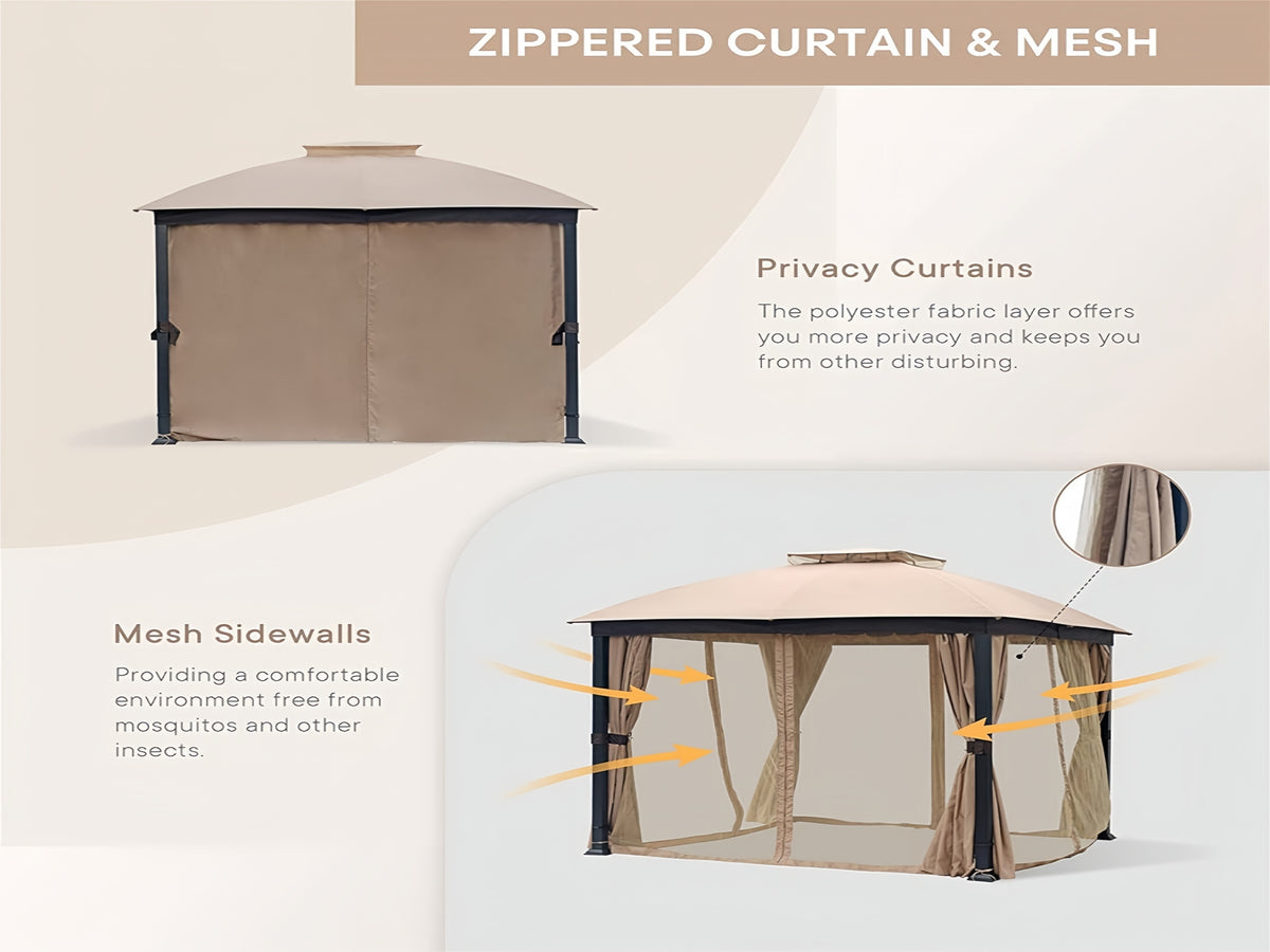 10X10Ft Softtop Metal Gazebo With Mosquito Net&Sunshade Curtains,Sturdy Heavy Duty Double Roof Canopy,Galvanized Steel Design Outdoor Tent,Suitable For Gardens,Patio,Backyard Beige Rectangular None Garden & Outdoor Water Resistant Gazebos Anchored Fabric