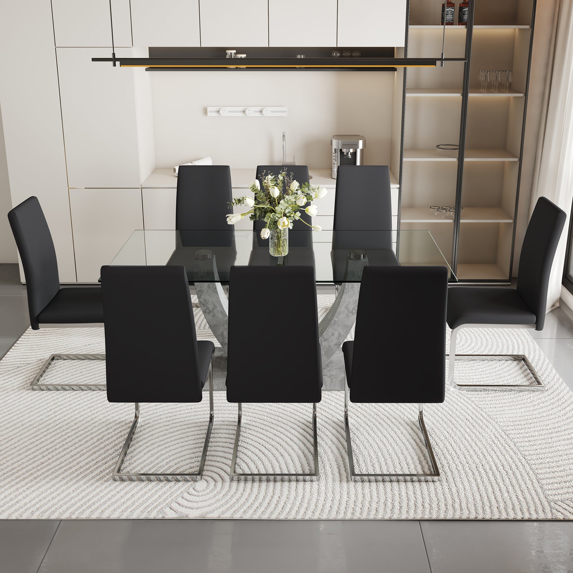 Table And Chair Set, Large Modern Rectangular Glass Table, Can Accommodate 6 8 People, Equipped With A 0.39 Inch Tempered Glass Tabletop And Large Mdf Table Legs, Comfortable And Soft Chairs. Transparent Mdf Glass
