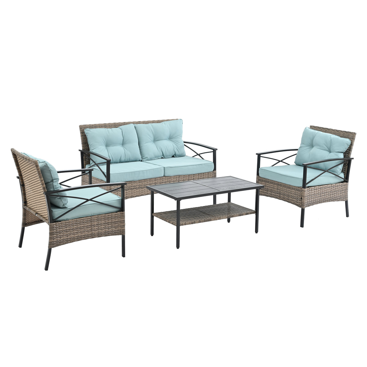 Patio Furniture, Outdoor Furniture, Seasonal Pe Wicker Furniture, Four Set Wicker Furniture With Black Metal Table Yes Brown Seats 4 Pe Rattan Iron Waterproof Fabric