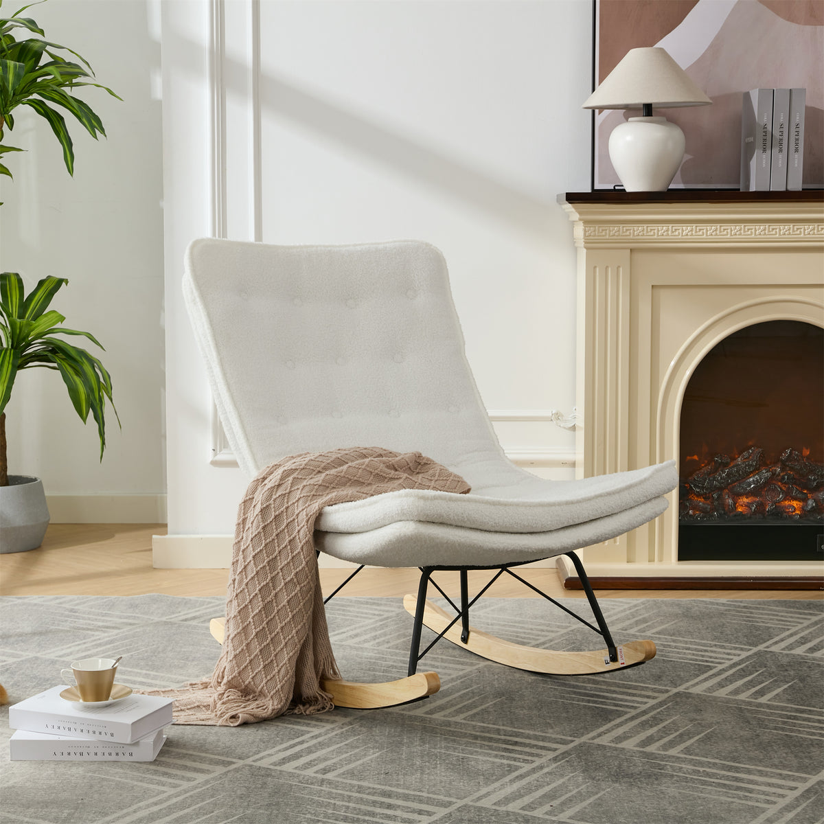 Lazy Rocking Chair,Comfortable Lounge Chair With Wide Backrest And Seat Wood Base, Upholstered Armless Rocker Chair For Living Room, Balcony,Bedroom And Patio Porch. White Cushion Iron White Primary Living Space Sponge Square Casual Rocking Chairs