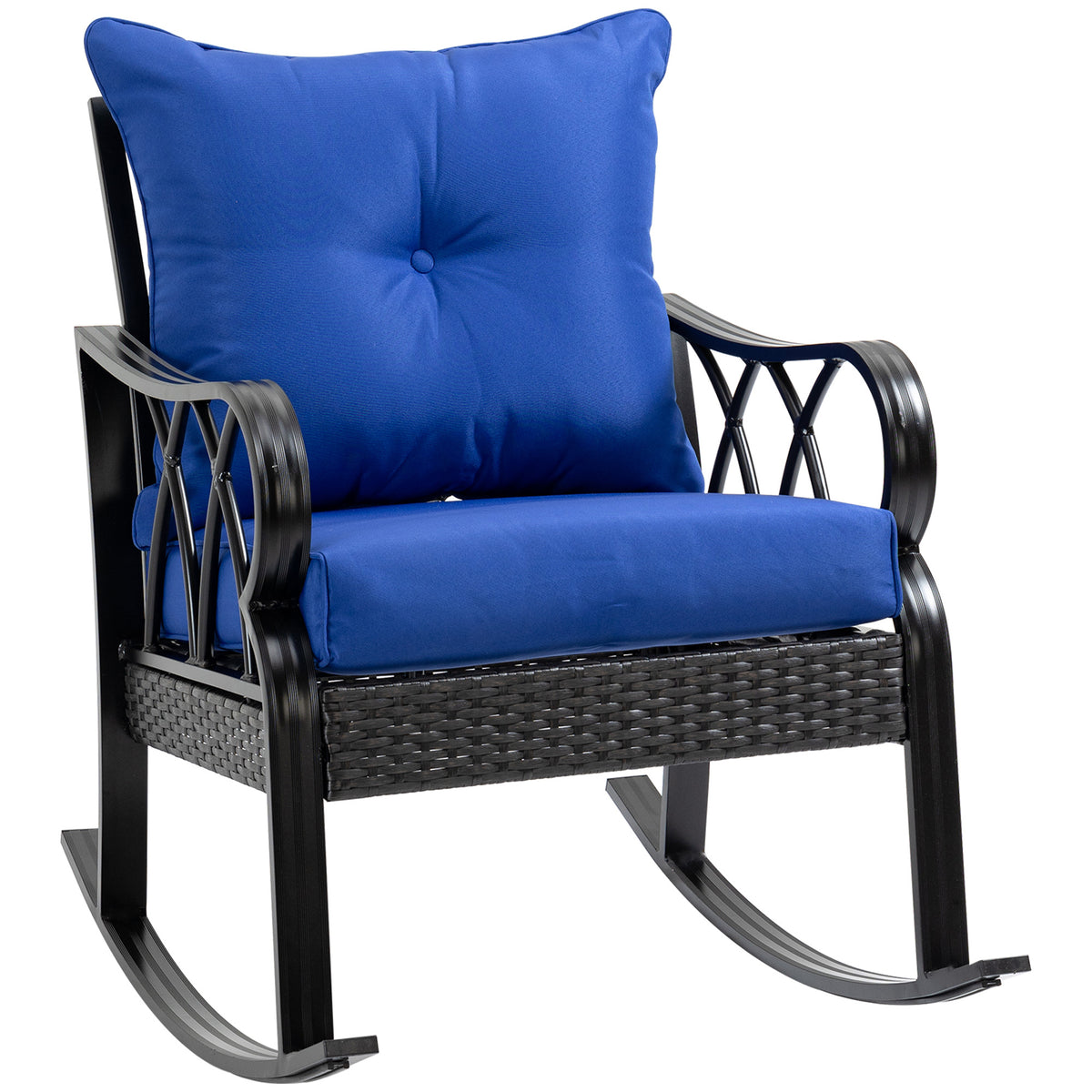 Outsunny Outdoor Wicker Rocking Chair With Padded Cushions, Aluminum Furniture Rattan Porch Rocker Chair W Armrest For Garden, Patio, And Backyard, Blue Blue Aluminum
