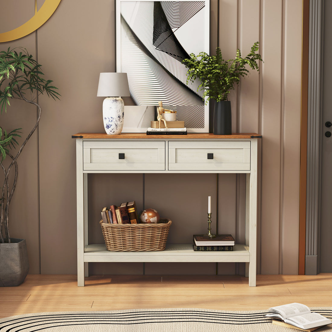 Farmhouse Style Console Table With 2 Drawer And Bottom Storage Shelf For Entryway, Rustic Side Table With Storage Drawer And Shelf For Living Room, Hallway Antique White Primary Living Space Farmhouse,Rustic Freestanding Drawers Console Tables