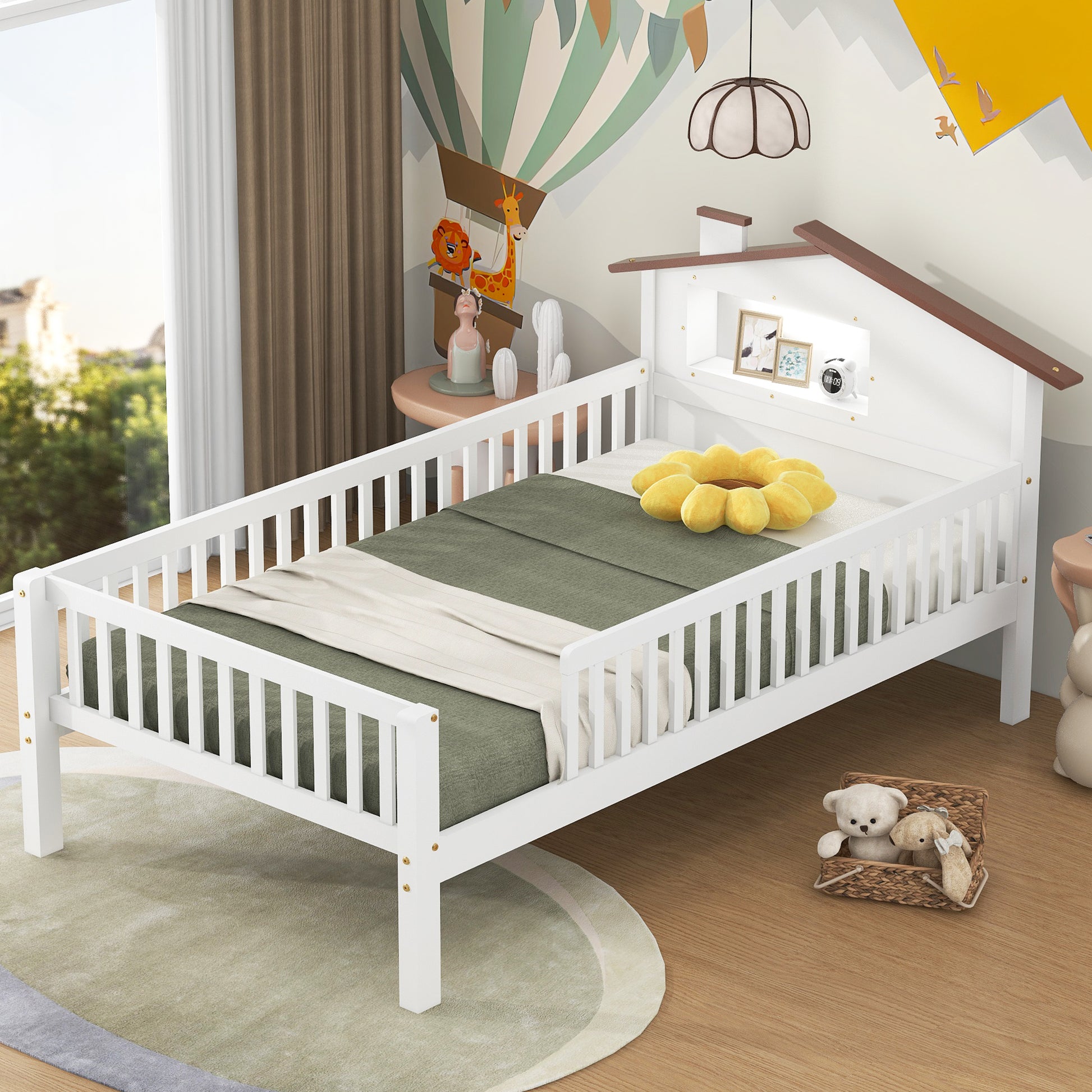 Twin Size Wood Platform Bed With House Shaped Headboard, Led And Built In Storage, White Box Spring Not Required Twin White Wood Bedroom Bed Frame Wood
