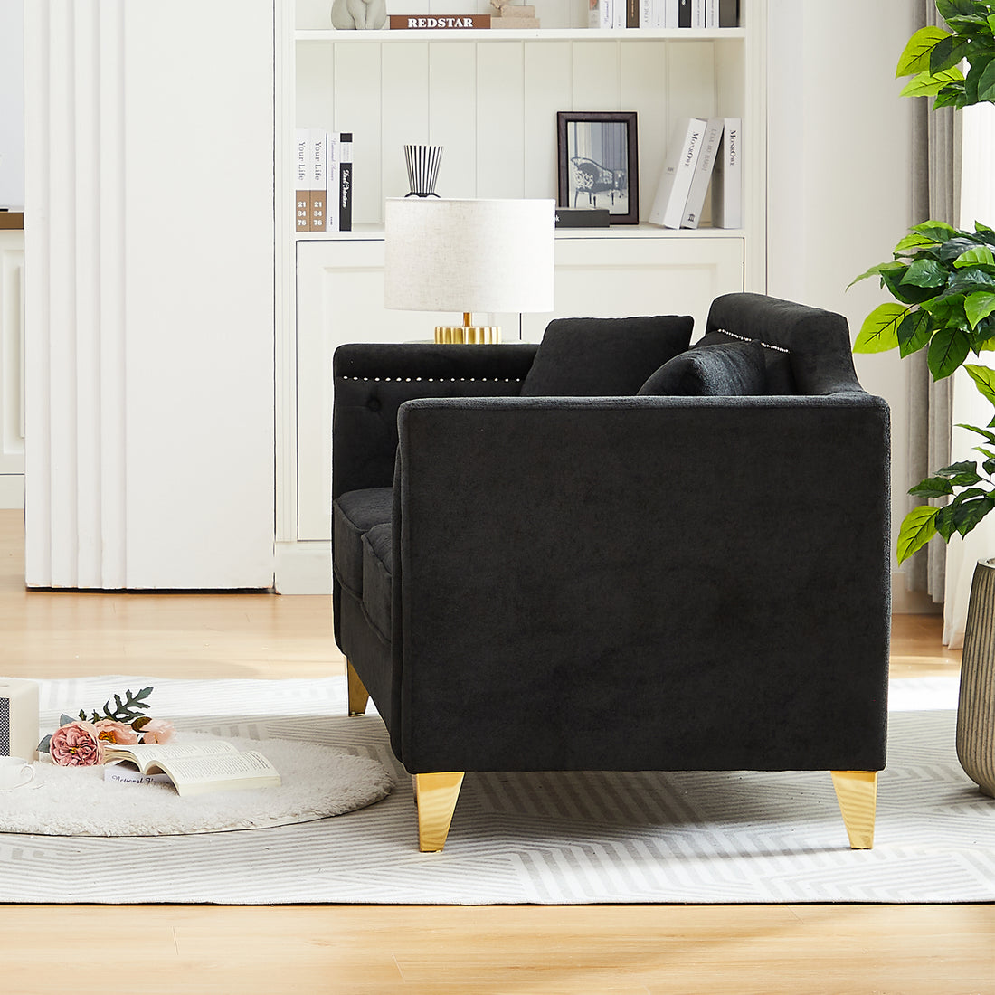 Fx 61.5"Mid Century Design Modern Sofa,Chenille Pull Buckle Design Sofa For Living Room,Buttons Tufted With Copper Nail Decoration Armrest, With 2 Pillows,Modern Couch Upholstered Button And Metal Leg Black Chenille Wood Pine Foam Fabric 2 Seat