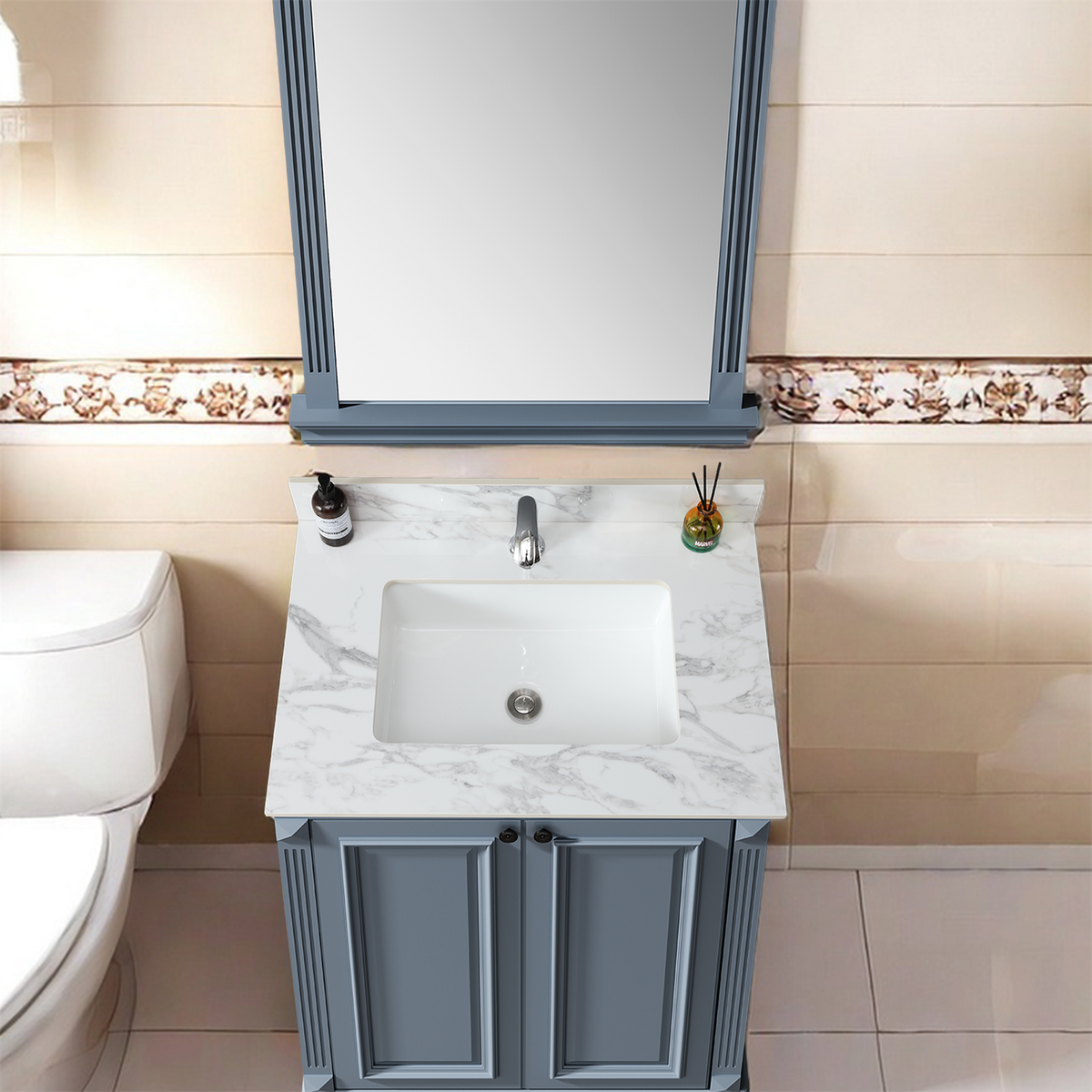 31"X22"Bathroom Vanity Top,Sintered Stone Carra White Barthroom Vanity Sink Tops With Rectangular Undermount Ceramic Sink With Vanity Backsplash, Single Faucet Hole Bathroom Vanity Countertop White