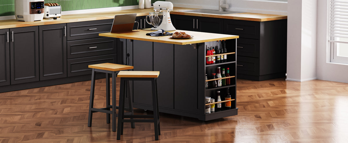 K&K 53Inch Large Kitchen Island With 2 Bar Stools, Power Outlet,Door Internal Storage Rack, Kitchen Storage Cart On 5 Wheels With Drop Leaf, 5 Open Side Racks, 3 Drawers, For Kitchen,Dining