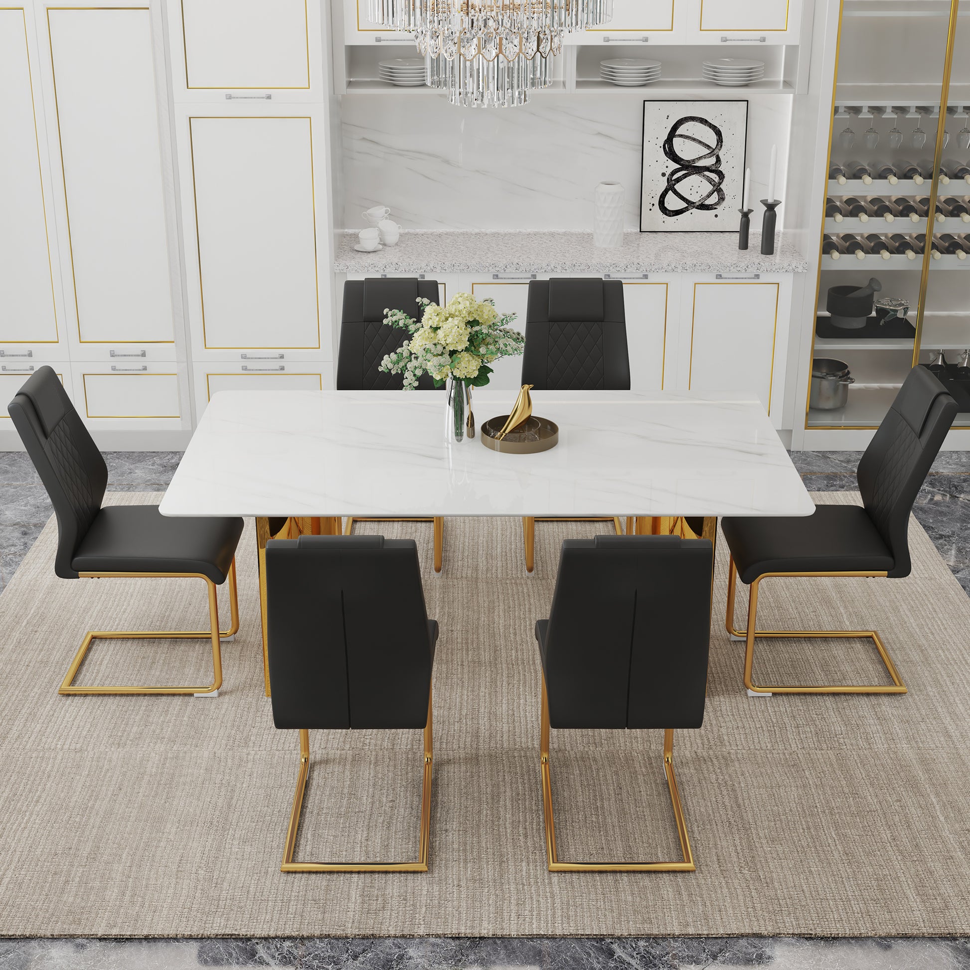 Table And Chair Set.The Table Has A Glass Tabletop With Imitation Marble Pattern Stickers And Stainless Steel Golden Table Legs. Paried With Comfortable Chairs With Pu Seats And Metal Legs. White Gold Seats 6 Glass Metal