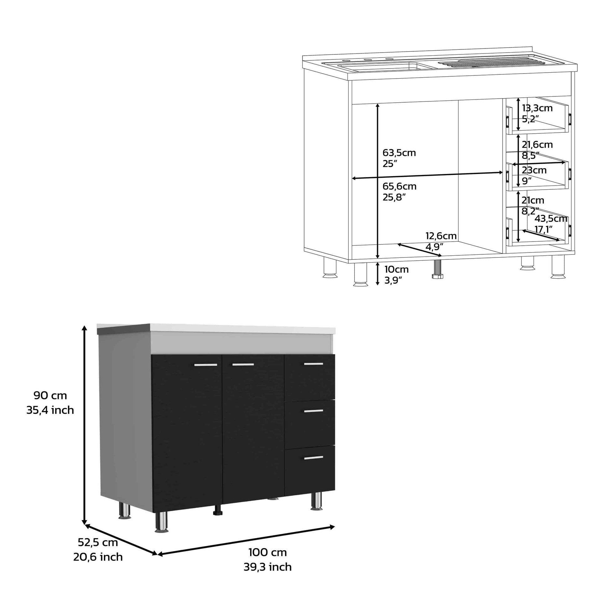 Base Double Door Cabinet, Three Drawers, White Black Multicolor Solid Wood Mdf Engineered Wood