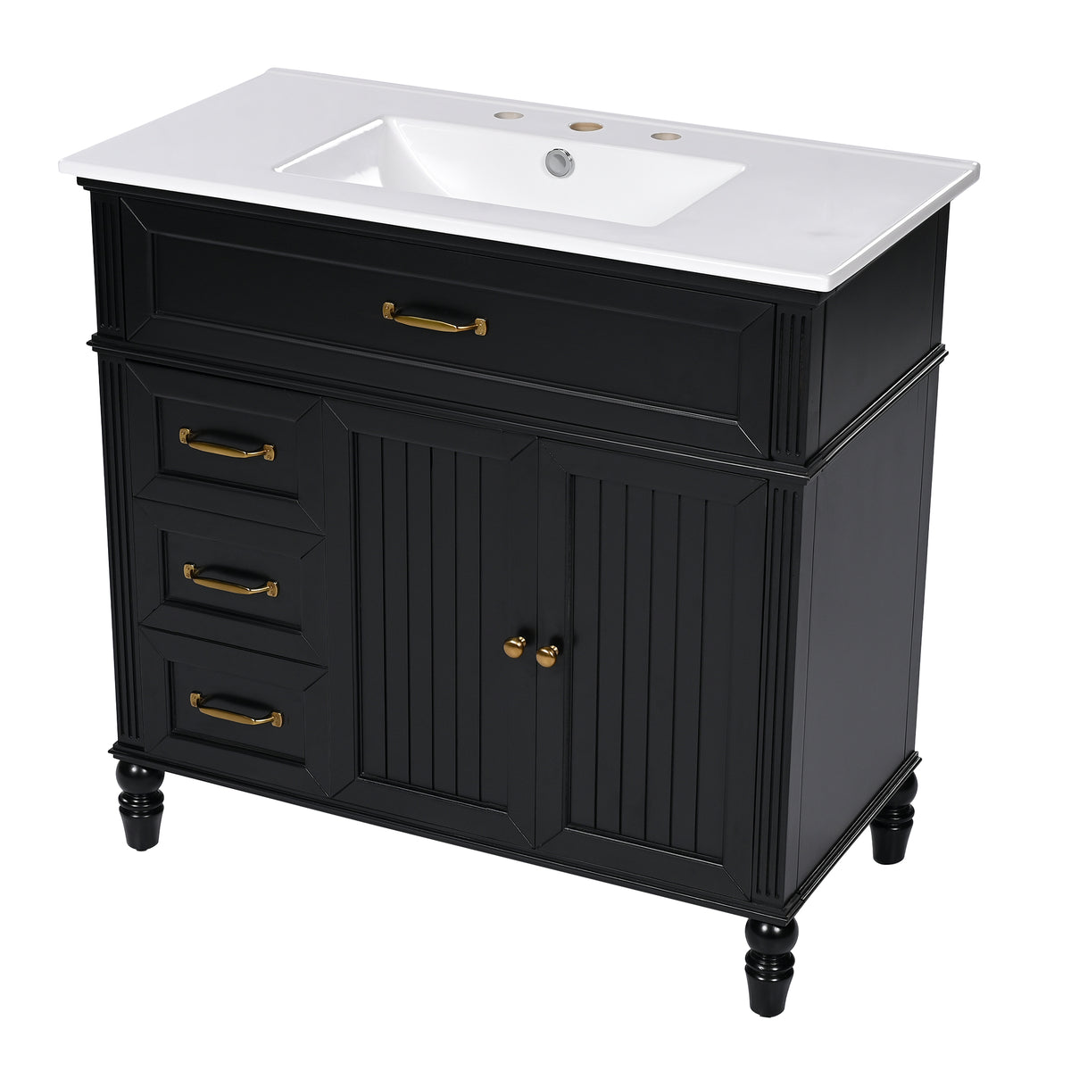 36" Bathroom Vanity With Sink, Black Bathroom Cabinet With Drawers, Solid Frame And Mdf Board, One Package Black Solid Wood Mdf