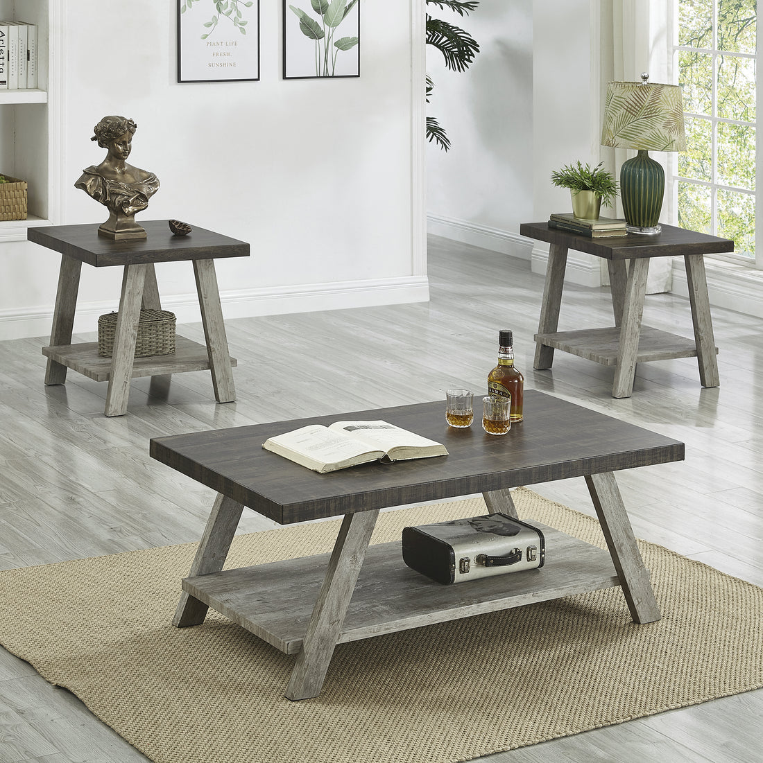 Athens Contemporary 3 Piece Wood Shelf Coffee Table Set In Weathered Walnut And Gray Multicolor Primary Living Space Rectangular Coffee & End Tables Rectangular Wood