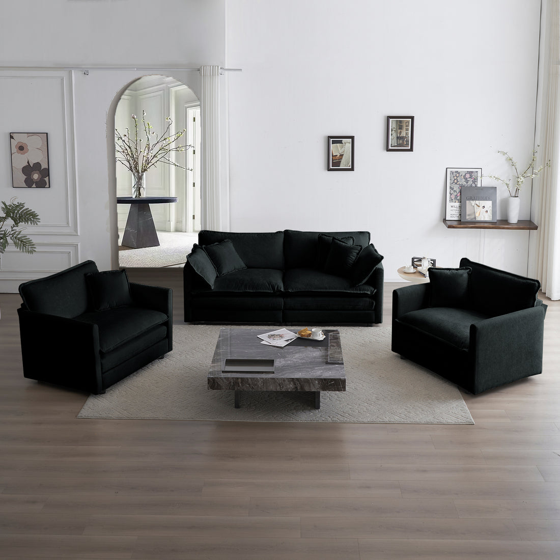 3 Piece Sofa Set With Arm Pillows And Toss Pillowssofa Set Include 2 Piece Of Arm Chair And One 2 Seat Sofa, Space Saving Casual Sofa Set For Living Room, Black Chenille Black Chenille 4 Seat