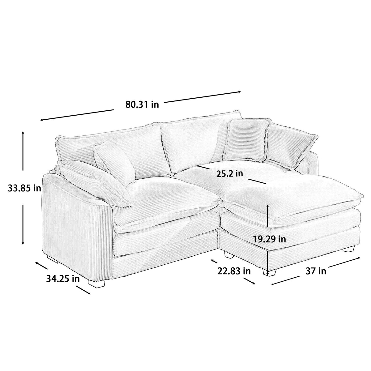 Corduroy Two Seater Sofa With 1 Footrest, L Shaped 2 Seater Sofa With Ottoman For Small Living Spaces, Light Beige Corduroy Sofa Beige Corduroy 2 Seat