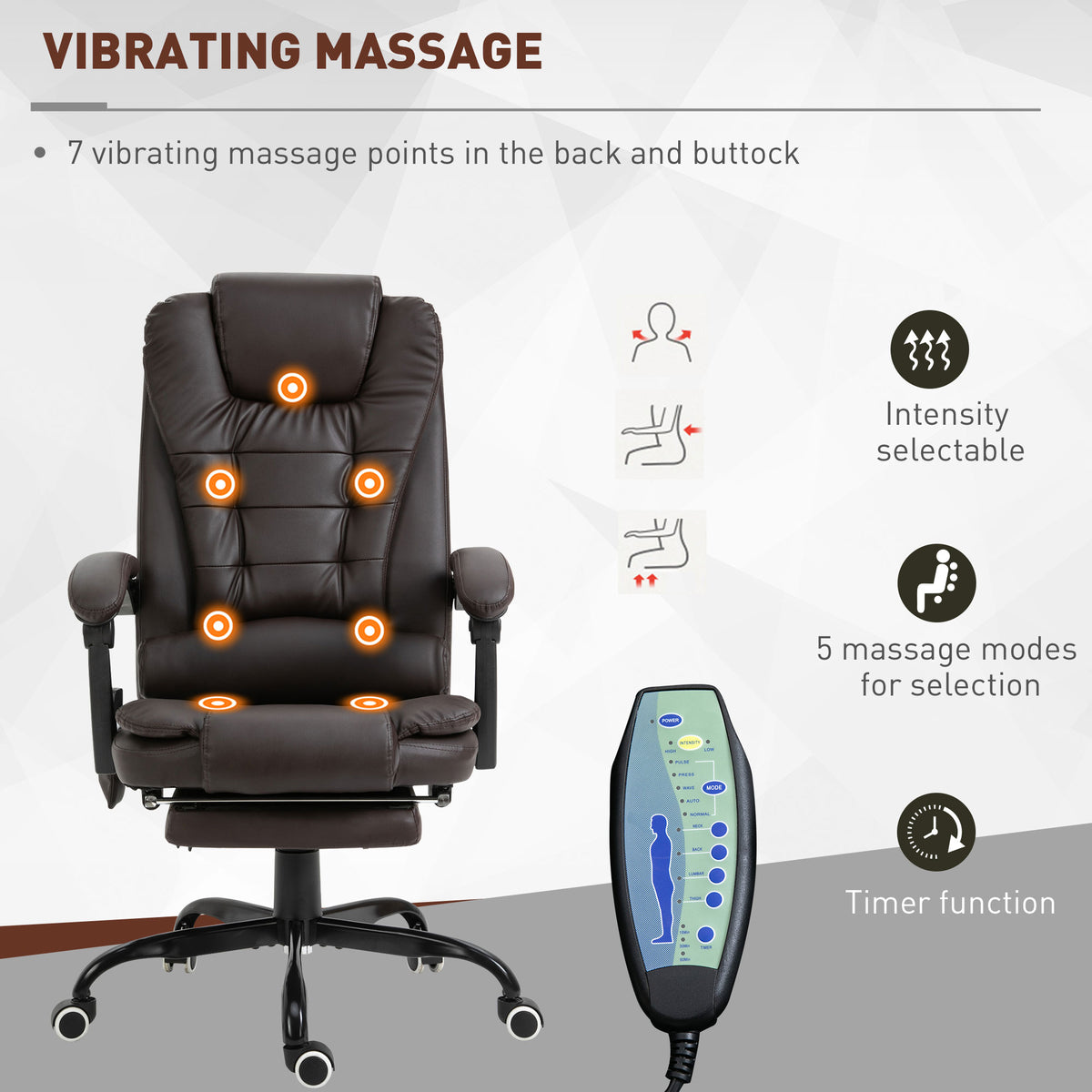 Vinsetto 7 Point Vibrating Massage Office Chair, High Back Executive Recliner With Lumbar Support, Footrest, Reclining Back, Adjustable Height, Brown Brown Faux Leather