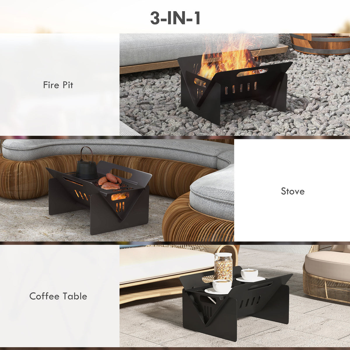 Outsunny 3 In 1 Portable Fire Pit, Stove, Coffee Table, Wood Burning Firepit With Carrying Bag And Quick Assembly For Camping, Bonfire, Picnic, Backyard, Patio, Black Black Steel