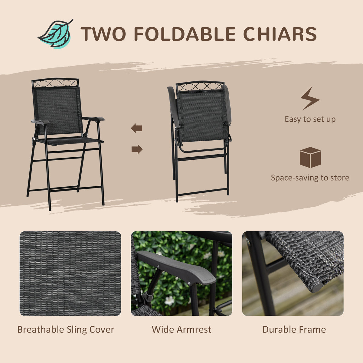 Outsunny 4 Piece Outdoor Patio Dining Furniture Set, 2 Folding Chairs, Adjustable Angle Umbrella, Wave Textured Tempered Glass Dinner Table, Black Black Steel