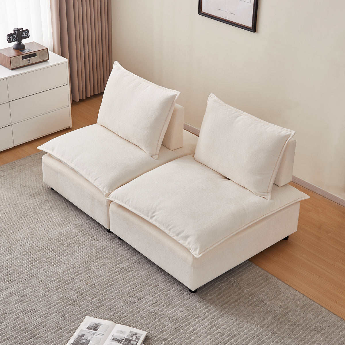 Mid Century Modern 3 Seater Sofa Couch For Living Room Modular Sectional Armless Sofa, Ultra Soft Chenille Fabric, Sturdy Frame, Comfortable And Stylish Furniture Beige Foam Chenille 2 Seat
