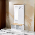Hall Tree With Body Length Mirror And Bench Seat, White And Brown Brown White Wood Metal