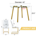 Table And Chair Set.A Modern Minimalist Style Round Clear Tempered Glass Table With Metal Legs.Paried With White Chairs With Modern Pu Leather High Back Upholstered And C Tube Golden Legs. Transparent Seats 6 Glass