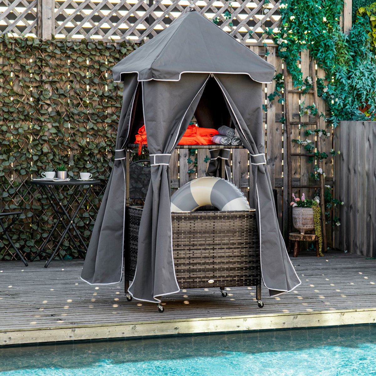 Outsunny Outdoor Towel Valet Caddy, Covered Poolside Towel Holder Rack, Shelf, Basket, Rolling Pe Rattan Wicker Storage On Wheels, Gray Gray Steel