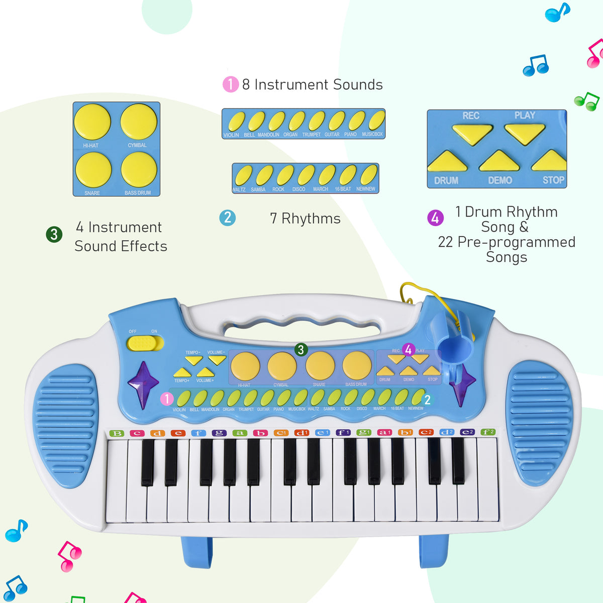 Qaba 31 Key Kids Toy Keyboard Piano, Electronic Musical Instrument With Multiple Sounds, Stool, Microphone And Bright Flashing Lights, Blue Blue Abs