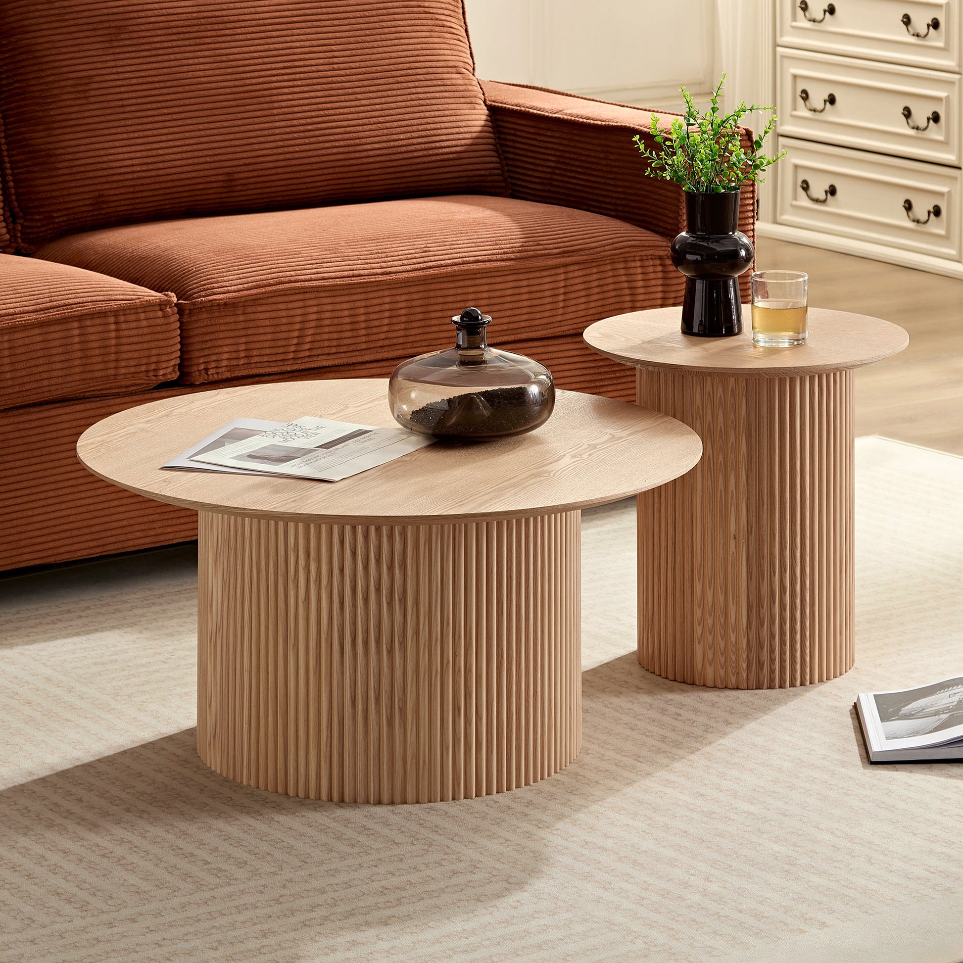 Set Of 2 Round Side Table And Coffee Table Circle Small Accent Table For Living Room Mid Century Circle Table Oak Oak Mdf