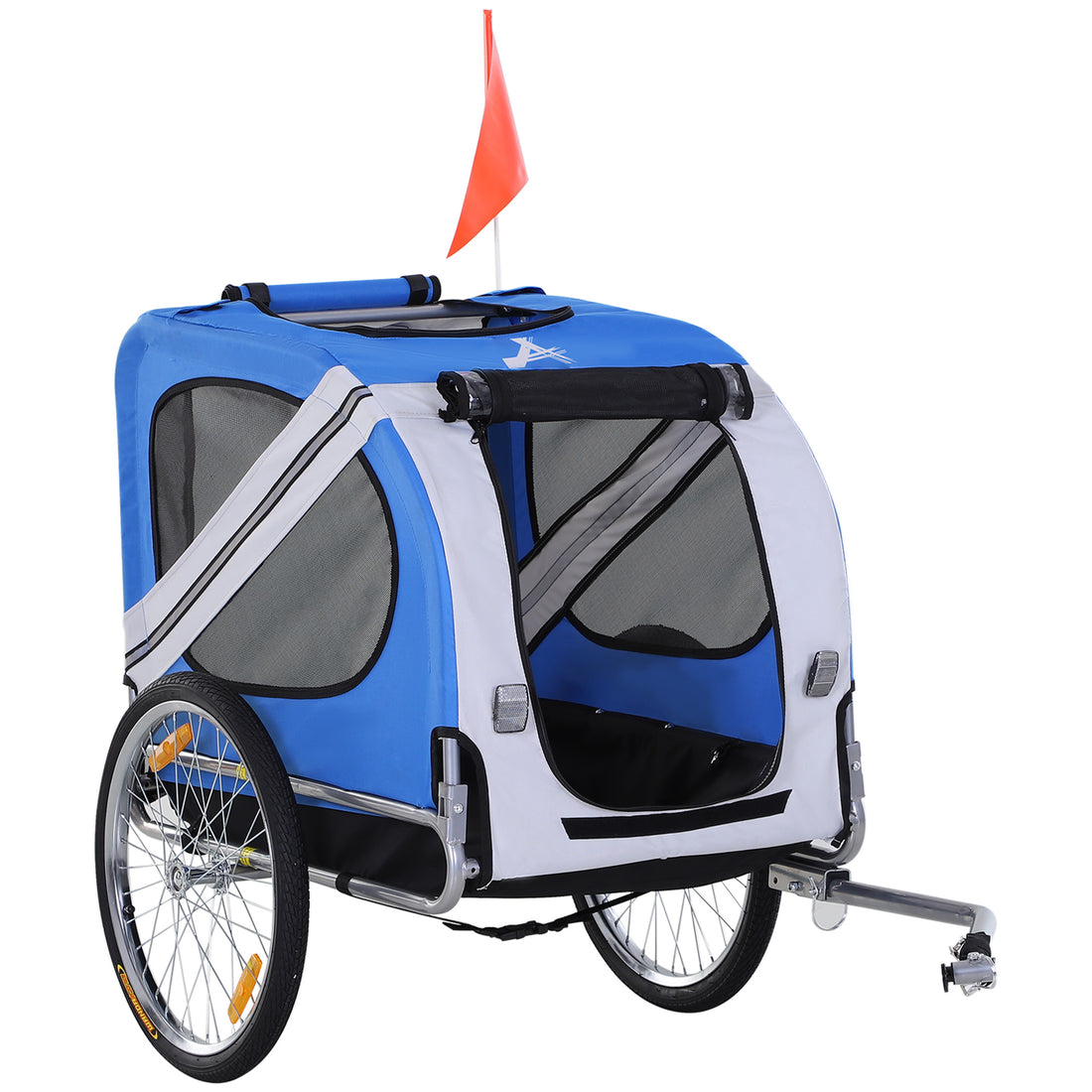 Aosom Dog Bike Trailer Pet Cart Bicycle Wagon Cargo Carrier Attachment For Travel With 3 Entrances Large Wheels For Off Road & Mesh Screen Light Blue White White Steel
