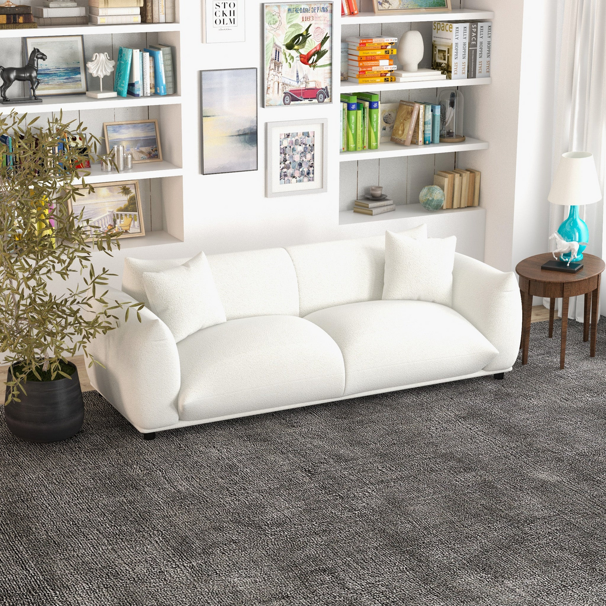 Emma Mid Century Modern Luxury Cream Boucle Sofa Cream,White Brown Wood Primary Living Space Mid Century Modern Foam Boucle,Solid Wood 3 Seat
