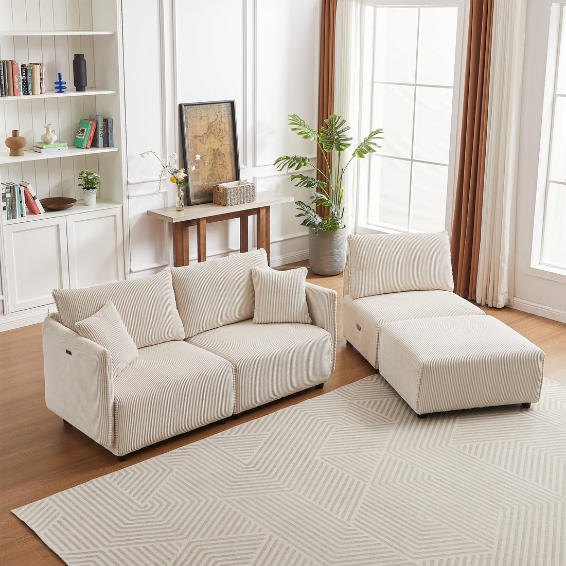 106" Multi Module Combination Style Sofa For Living Room, Bedroom And Other Lounge Spaces, Modern Minimalist Corduroy Combination Sofa With 2 Comfort Cushions With Usb & C Charging Ports,Beige Beige Foam Fabric 4 Seat