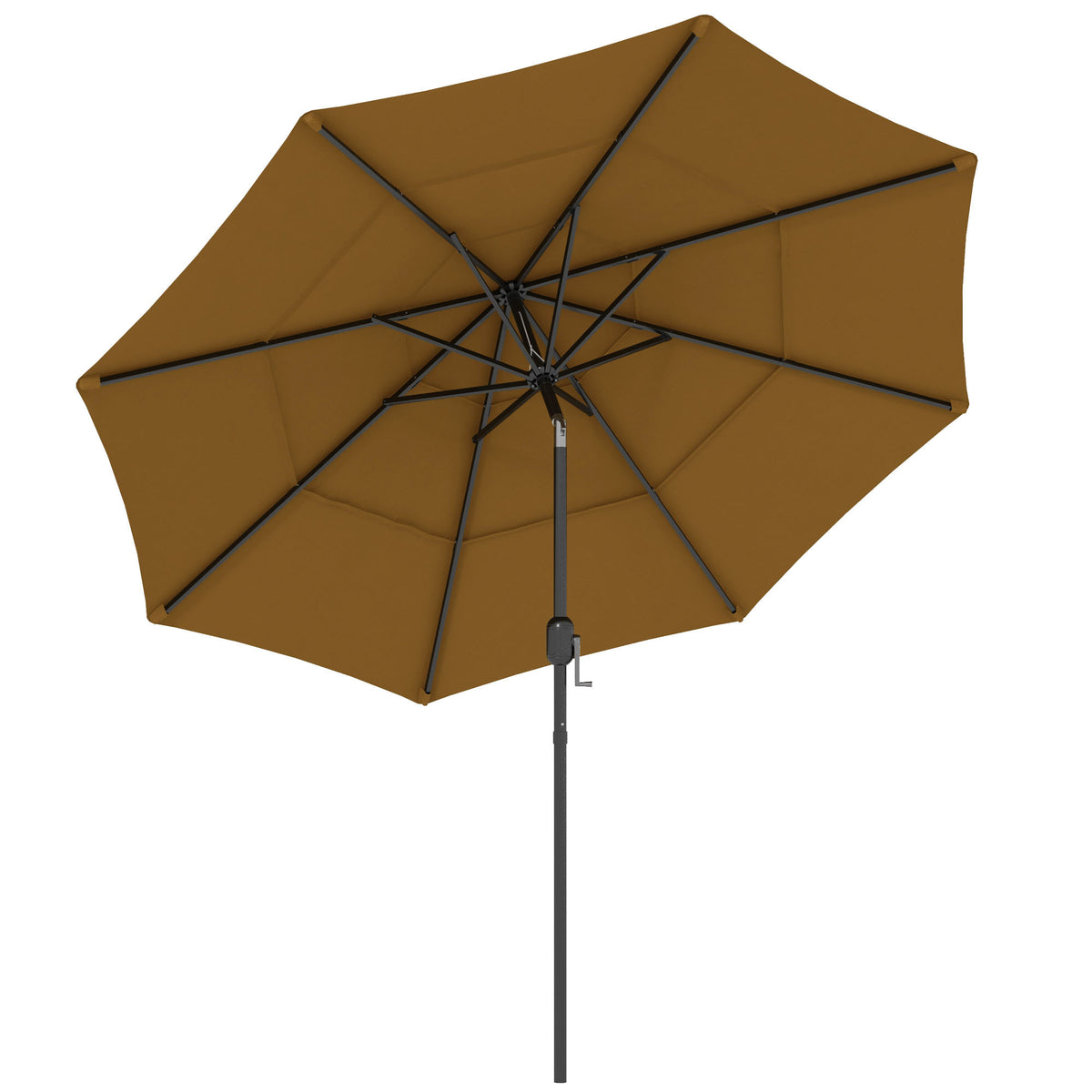 Outsunny 9Ft 3 Tiers Patio Umbrella Outdoor Market Umbrella With Crank, Push Button Tilt For Deck, Backyard And Lawn, Tan Tan Polyester